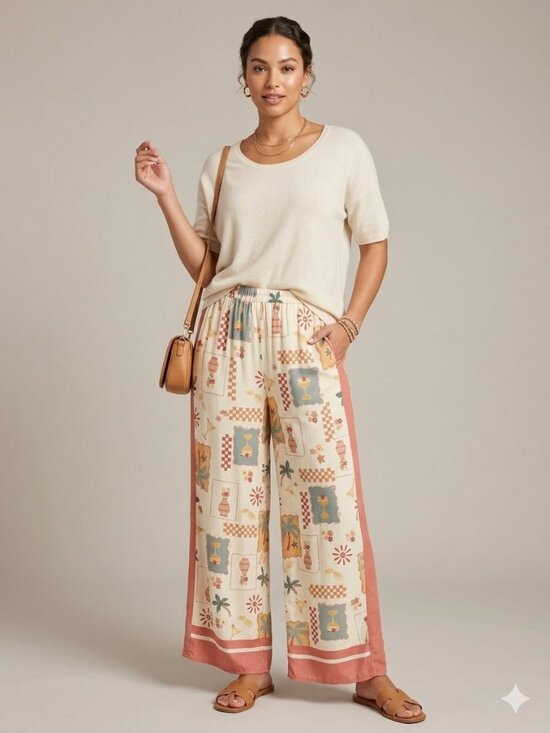 Sienna Sky Pants - Sienna Sky Boho Wide Leg Pants Tropical Print Palazzo Elastic Waist Beach LARGE